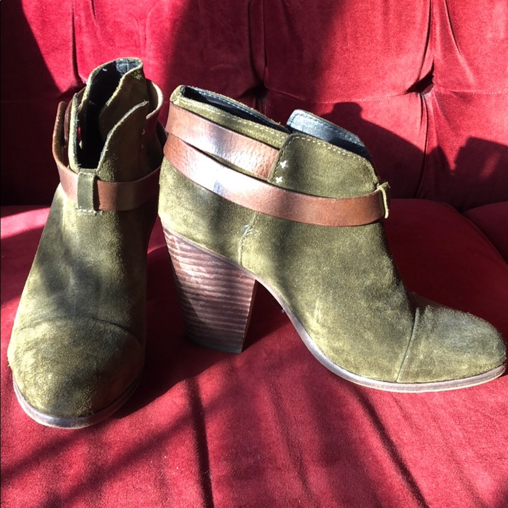 RAG & BONE green suede stacked heel ankle booties